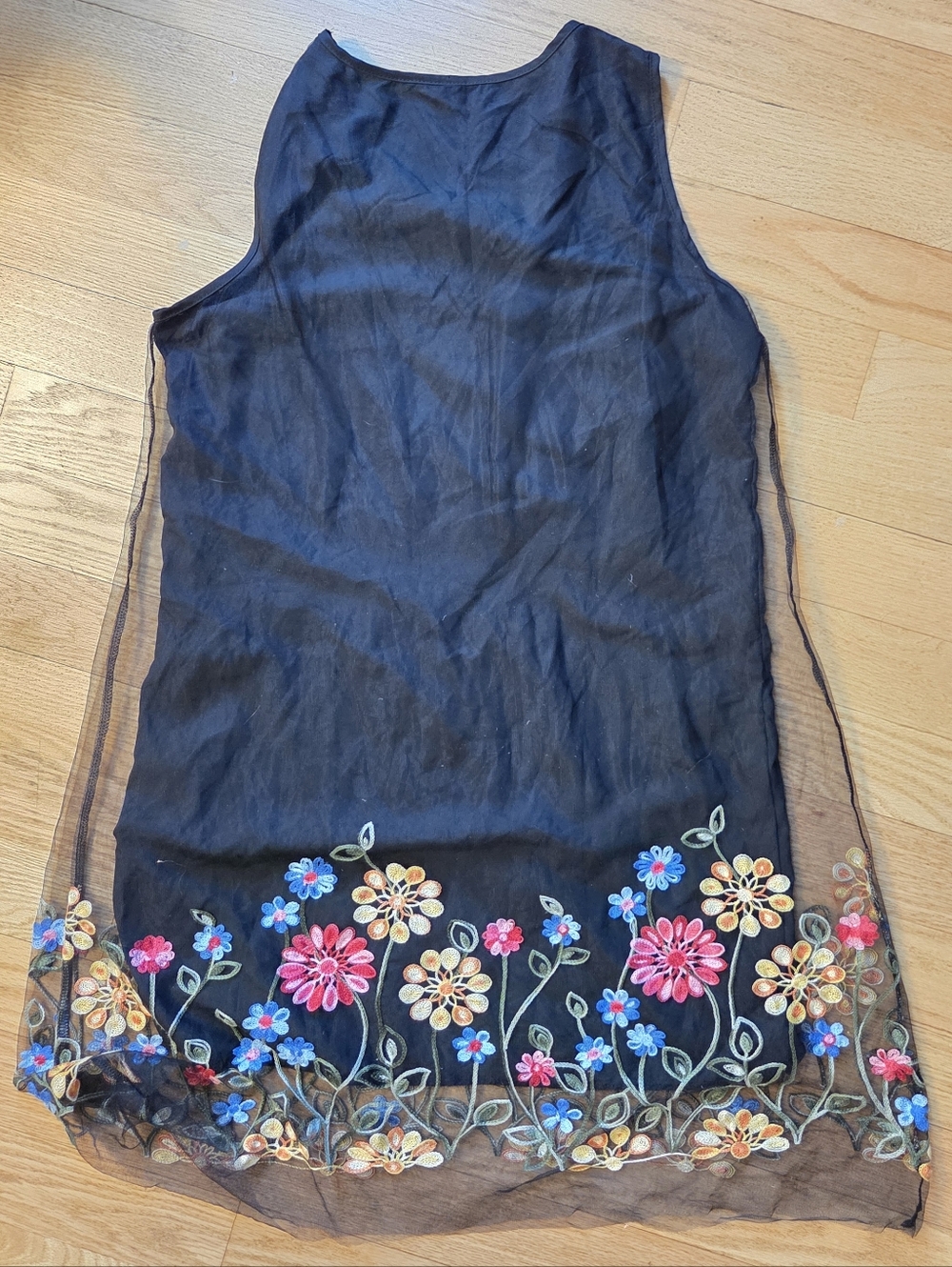 Black Sheer Sleeveless Slip Dress with Multi-Color Floral Embroidery - Picture 5 of 5